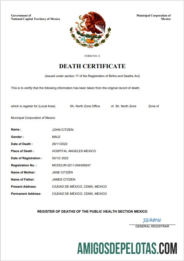 Para baixar modelo Word e PDF de certidão de óbito de registro vital do México